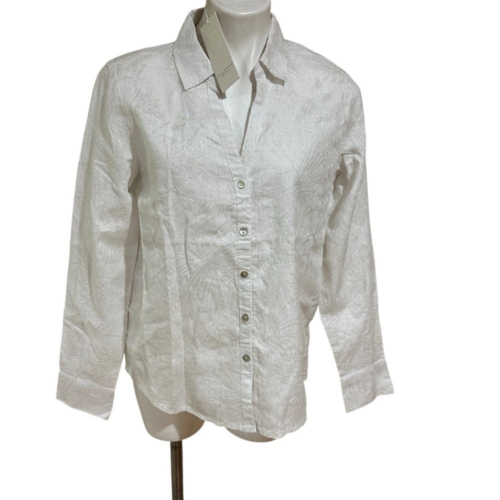 “Calyspo St. Barth 100% Linen Shirt – White Leaf Pattern w/ Lurex,